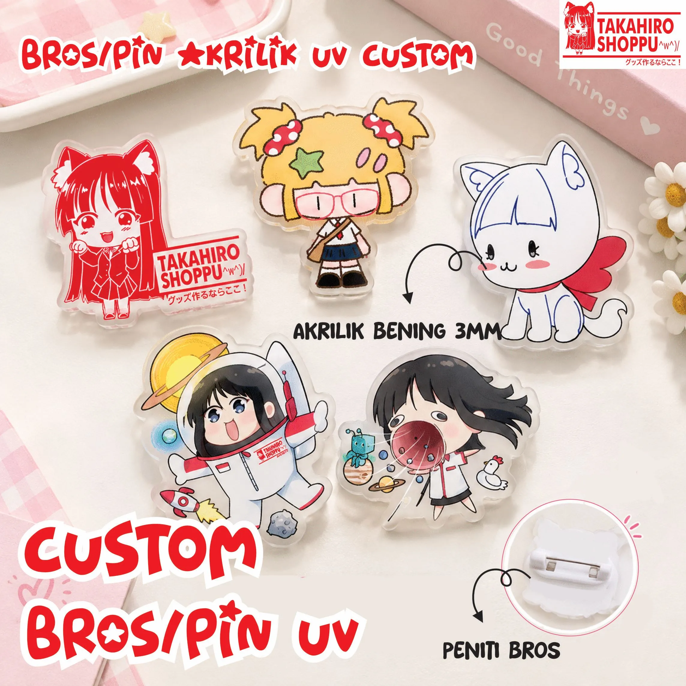 Cetak Akrilik Custom Bros/Pin UV Print (Include bros peniti)