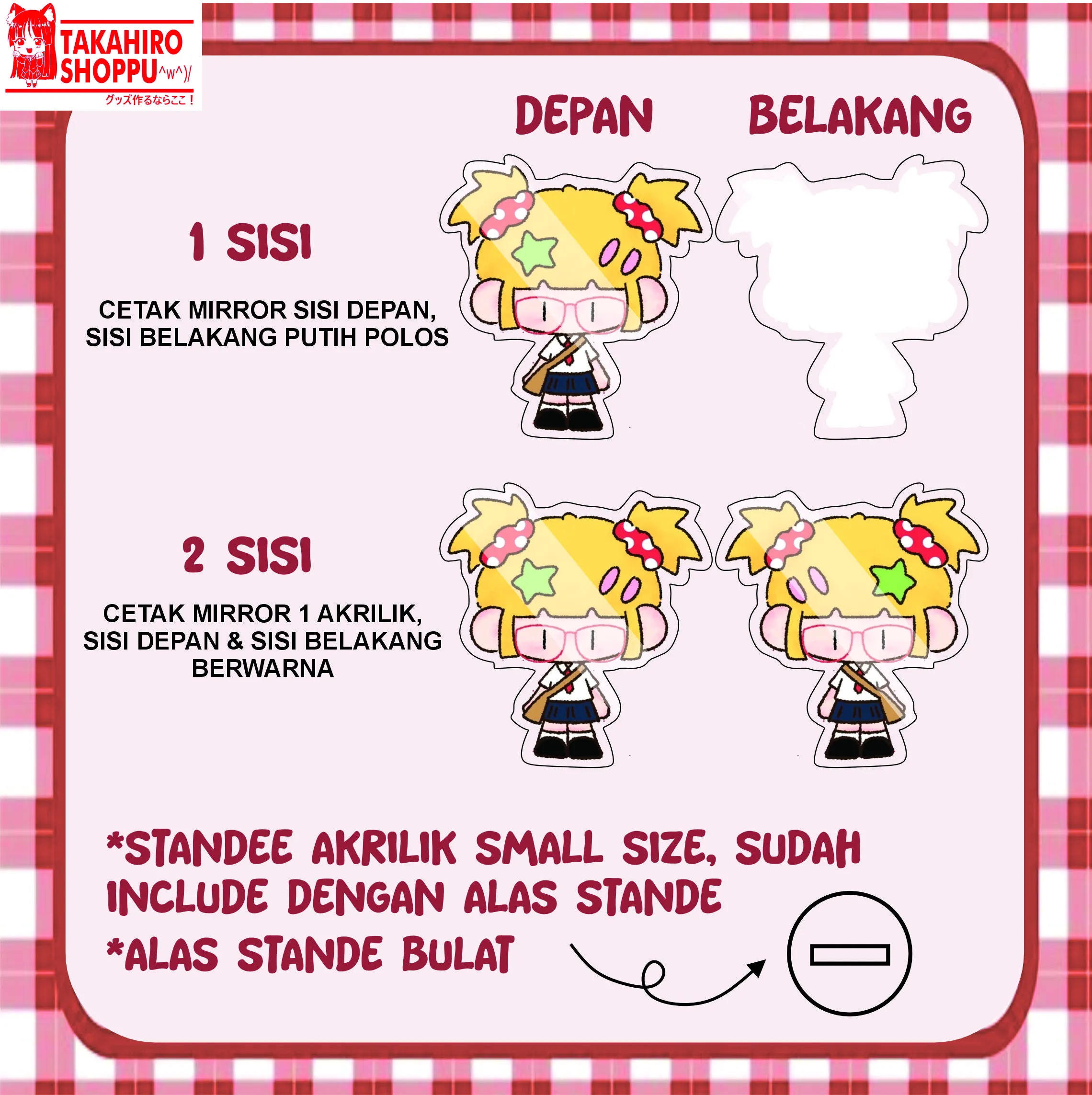 Cetak Akrilik Custom Standee SMALL SIZE UV Print (include alas stande)